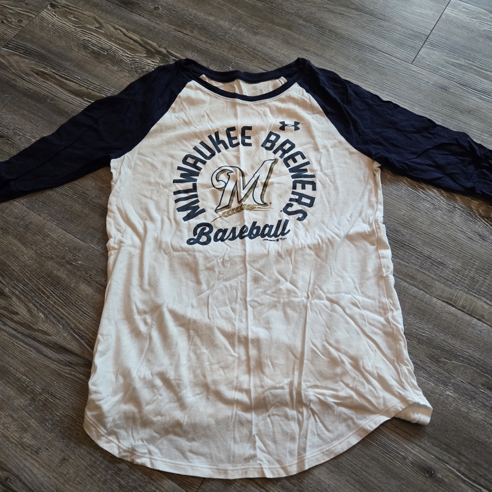 Womens Under Armour Milwaukee Brewers White & Navy Baseball Raglan Tee